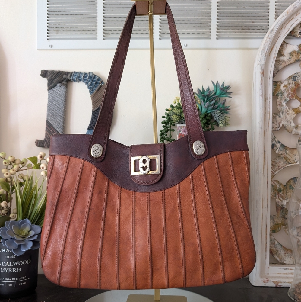 VINTAGE Marino Orlandi Italian Two-Tone Pleated Leather Tote Bag